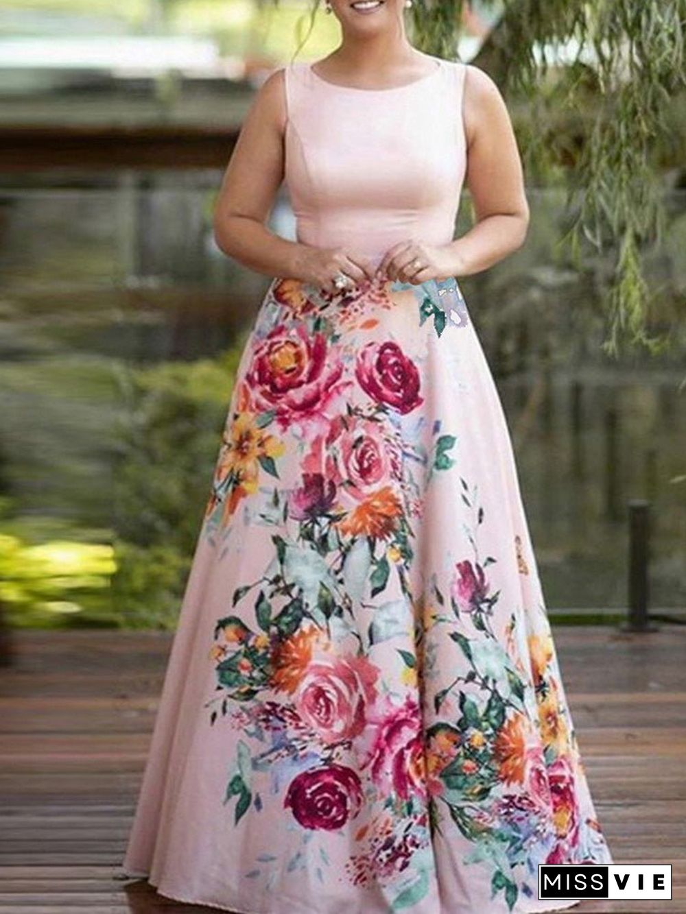 Women'S Dresses Printed Crew Neck Sleeveless Maxi Dress