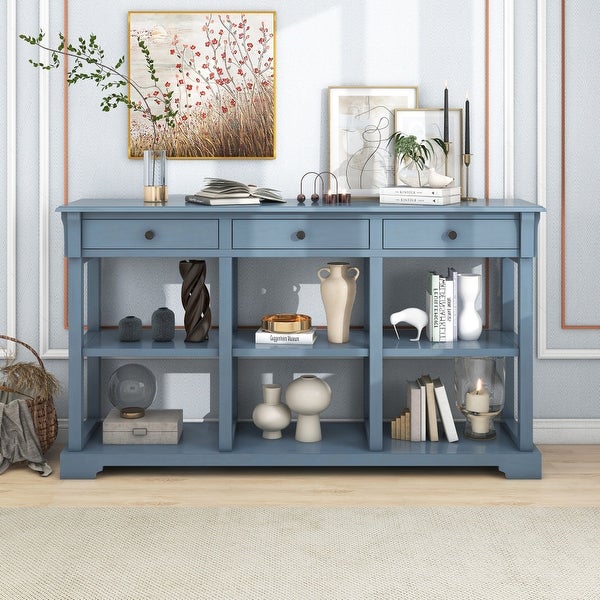 Console Table Sideboard with Open Shelves and Drawers Blue