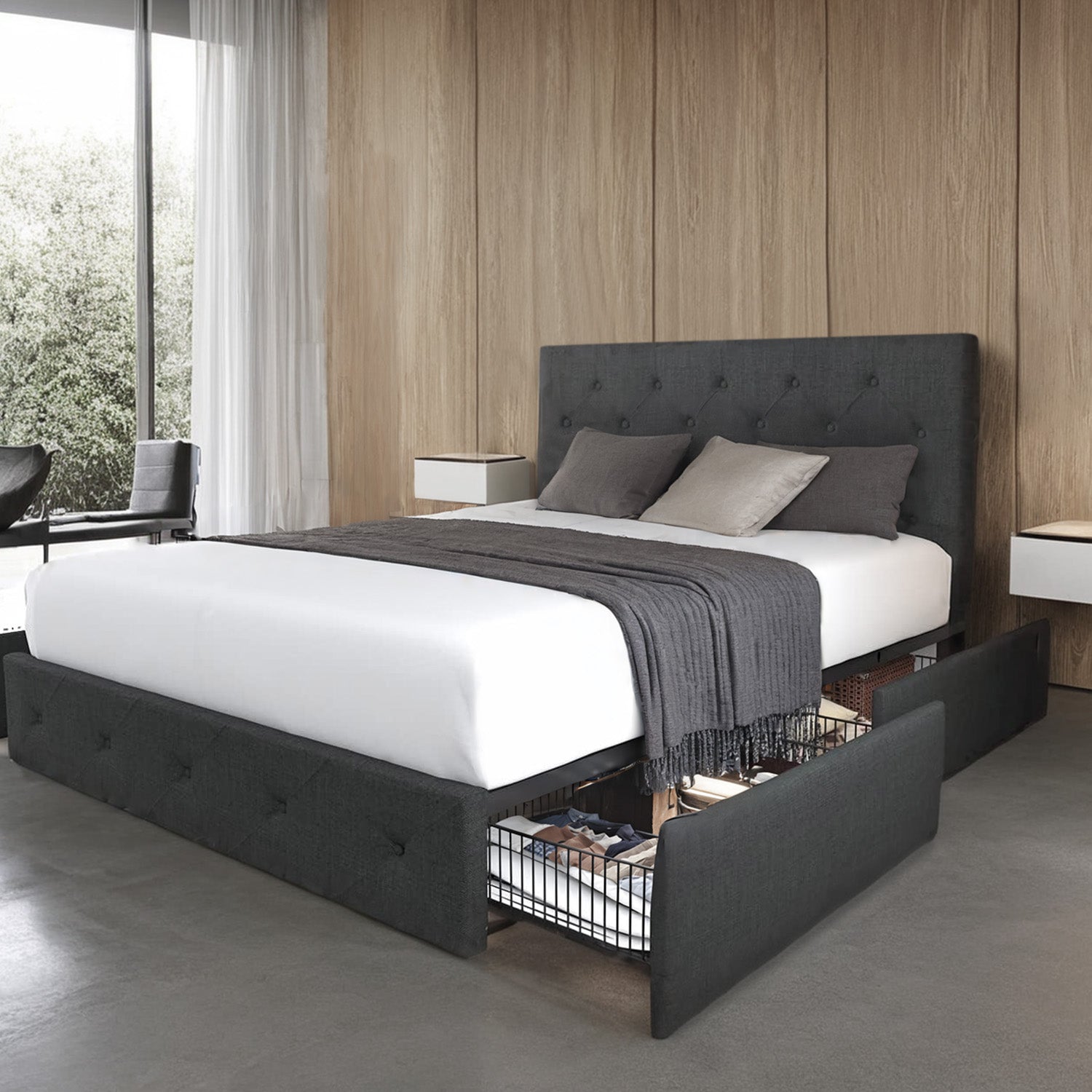 Upholstered Bed Frame with 4 Drawers Storage and Headboard with Wood Slat Support, No Box Spring Needed