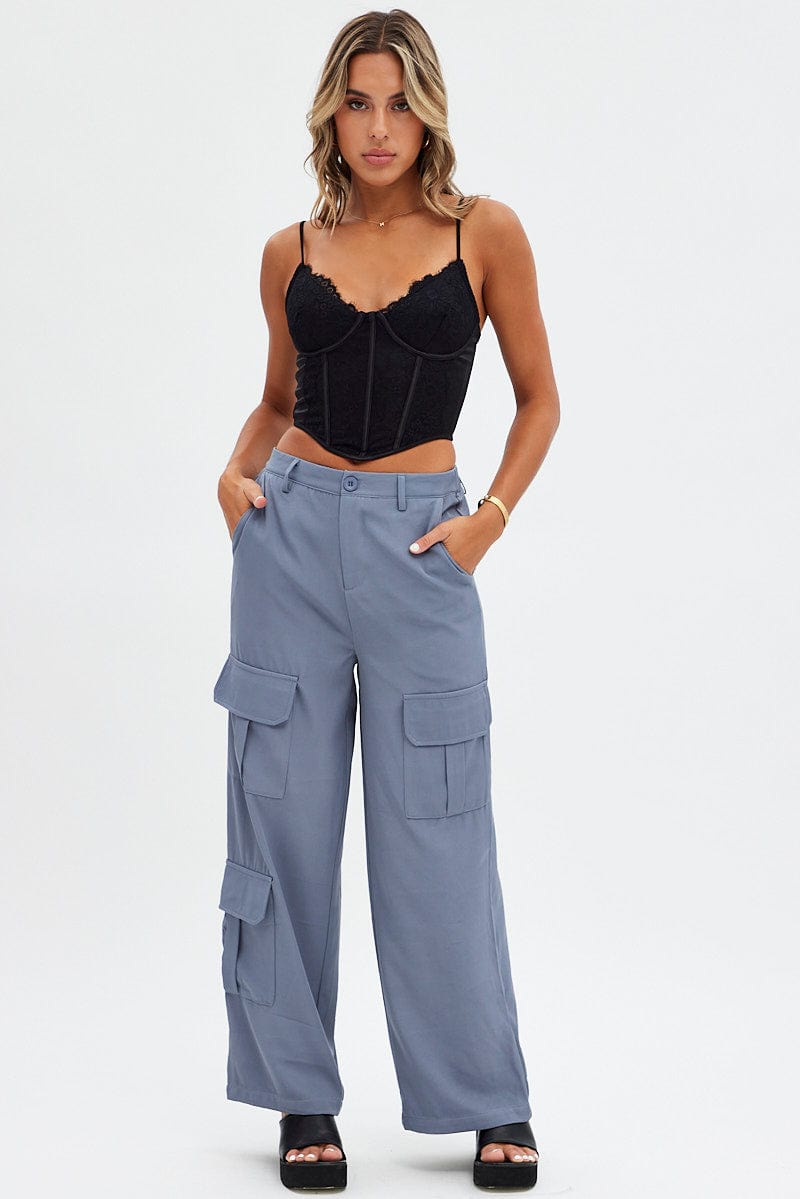 Grey Wide Leg Pants Cargo Pockets
