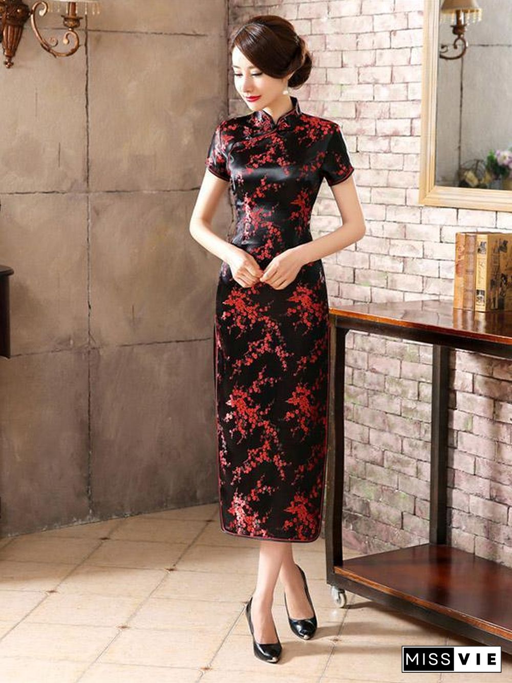 Black Red-flower Print Split-side Long Cheongsam