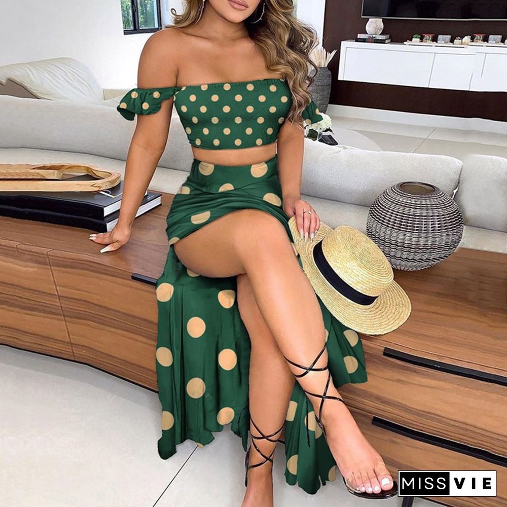 Off Shoulder Women Two Piece Set Sexy Slash Neck TopAnd Slit Summer Long Party Dress Suits Spring Floral Print Skirts Sets