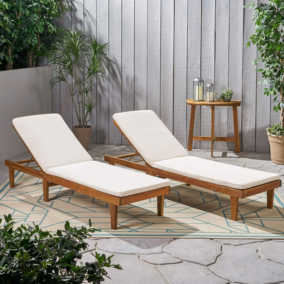 Set of 2 Patio Chaise Lounge  Teak Finished Acacia Wood Frame With Beige Cushion   Transitional   Outdoor Chaise Lounges   by Decor Love  Houzz