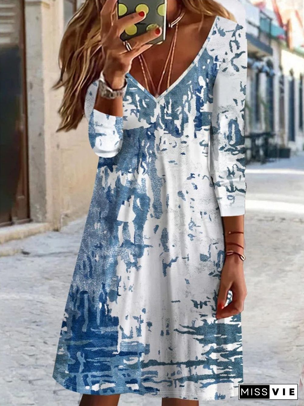 Women Long Sleeve V-neck Floral Printed Gradient Midi Dress