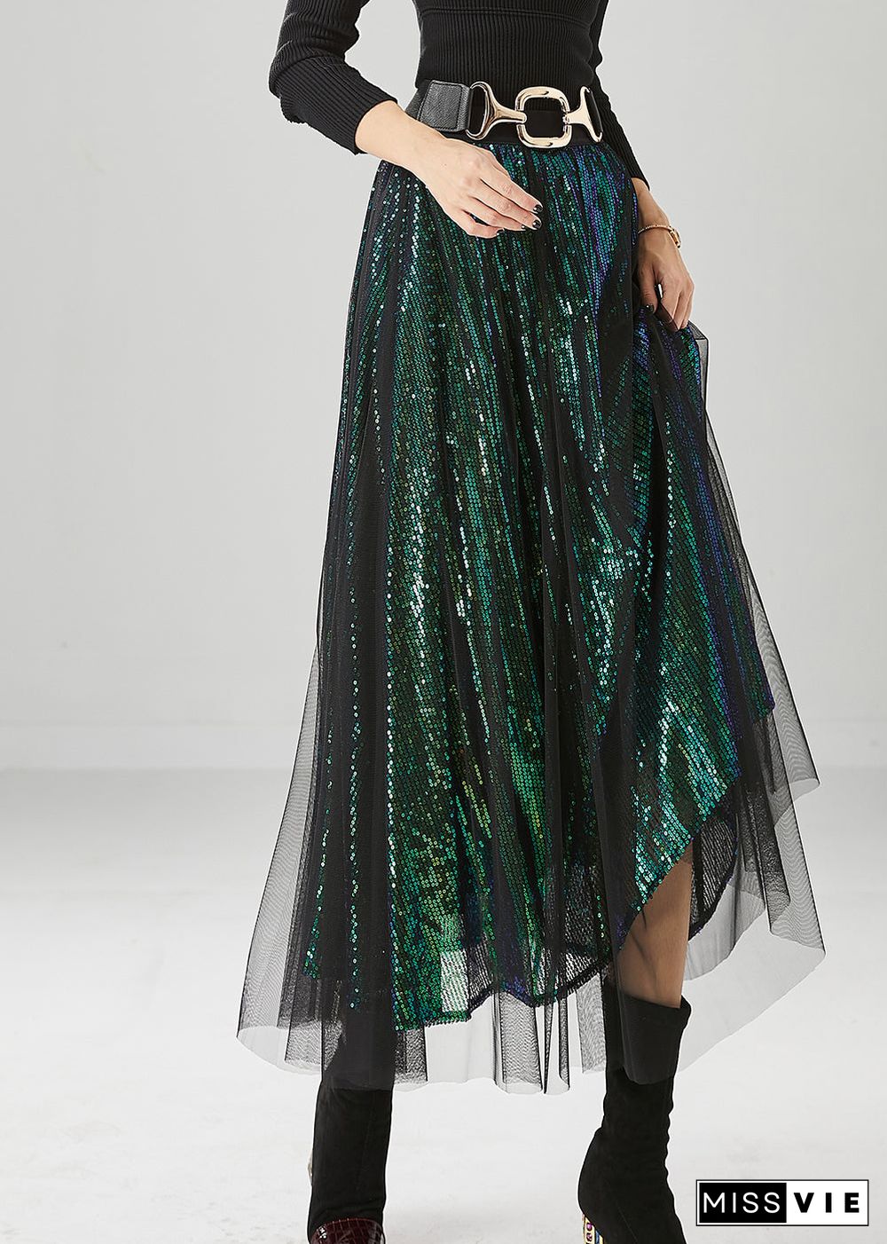 Peacock Green Silm Fit Tulle A Line Skirts Sequins Fall