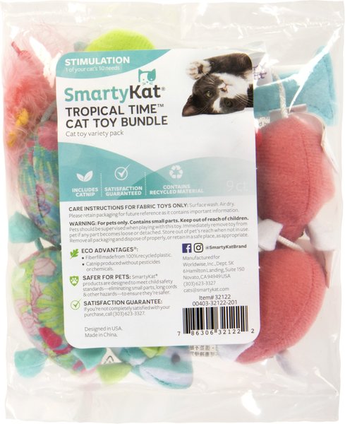 SmartyKat Tropical Time Catnip Cat Toy Variety Pack， Skitter Mice and Catnip Martini， Pink， Small， 9 count