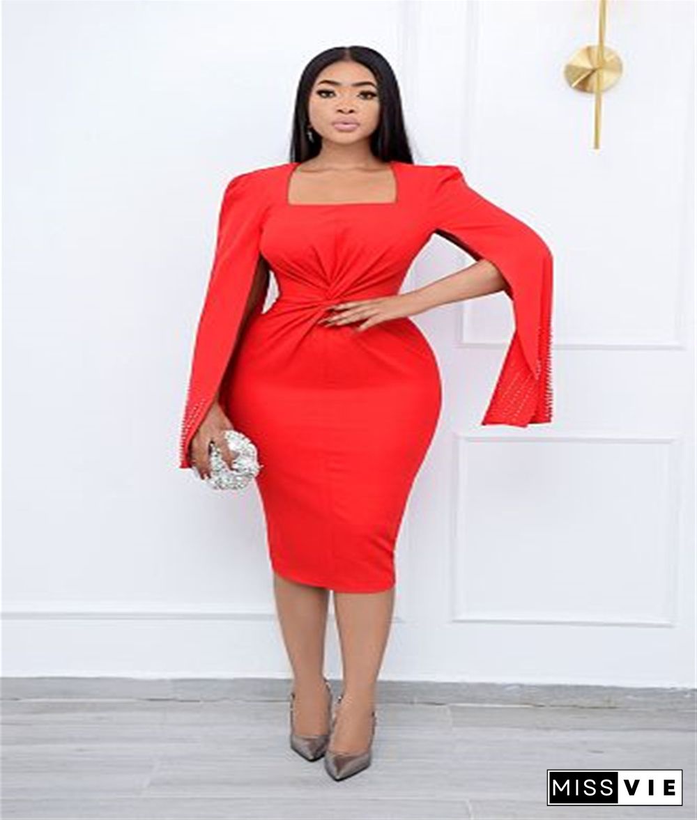 Elegant Beading Cape Sleeve Bodycon Midi Dress