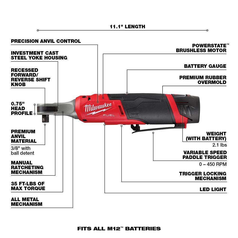 MW M12 FUEL 12V Li-Ion Brushless Cordless High Speed 38 in. Ratchet and M12 FUEL High Speed 14 in. Ratchet Combo Kit 2567-22-2566-20