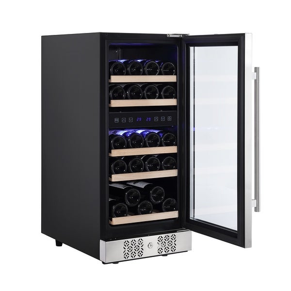 15 in. Double Zone 29-Bottle Built-In and Freestanding Wine Chiller Refrigerator in Stainless Steel