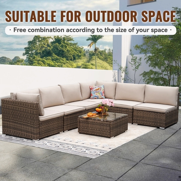 7Piece Outdoor Patio Rattan Furniture Sets with 1 Table，2 Corner Sofas，4 Armless Sofas and Cushions