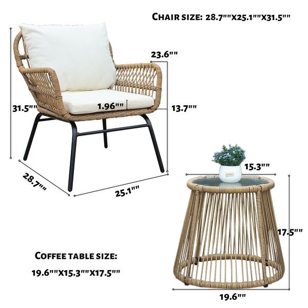 3 pieces Outdoor Patio Balcony Natural Color Wicker Chair Table Set -  - 37630127