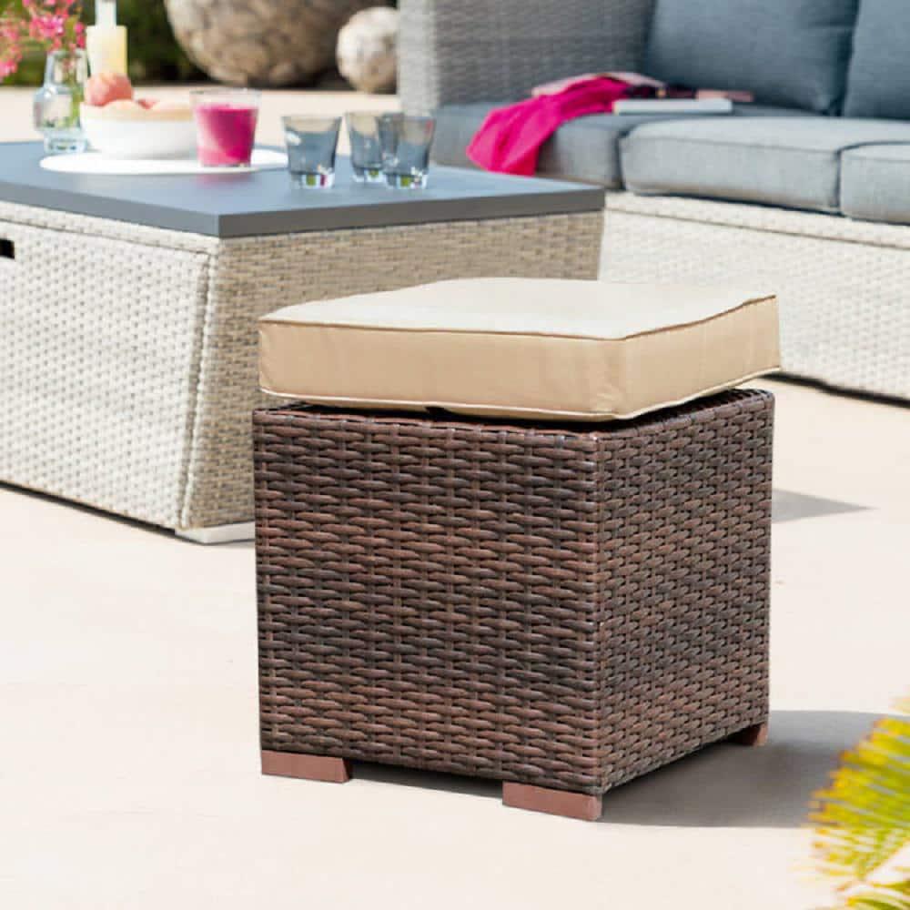 Patiorama 2Piece Wicker Outdoor Patio Ottoman with Brown Cushions