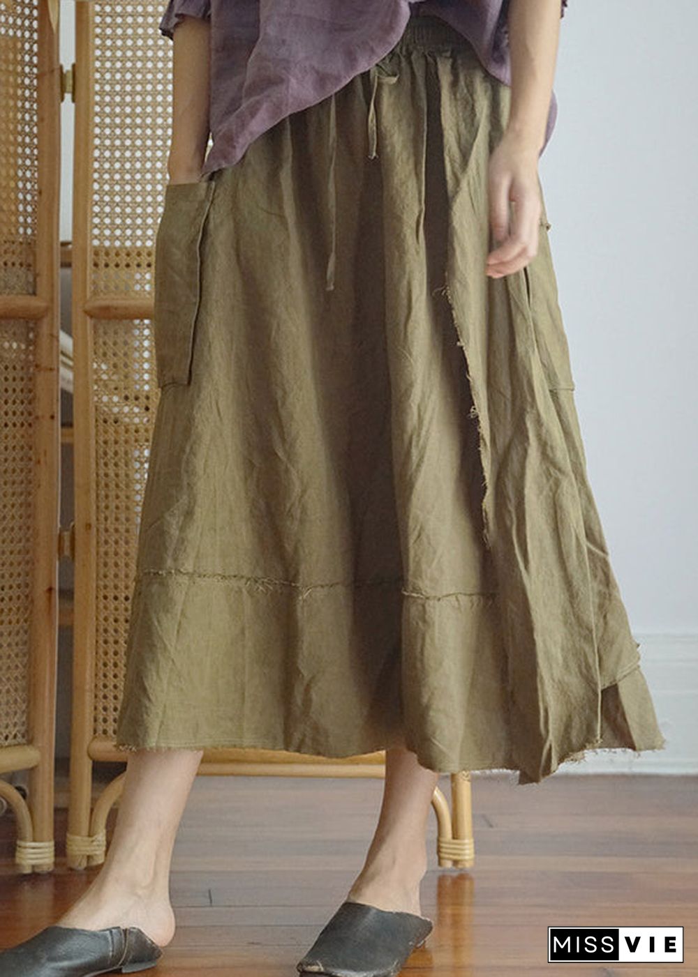 Fashion Green elastic waist drawstring Asymmetrical pocket Linen Skirt Spring