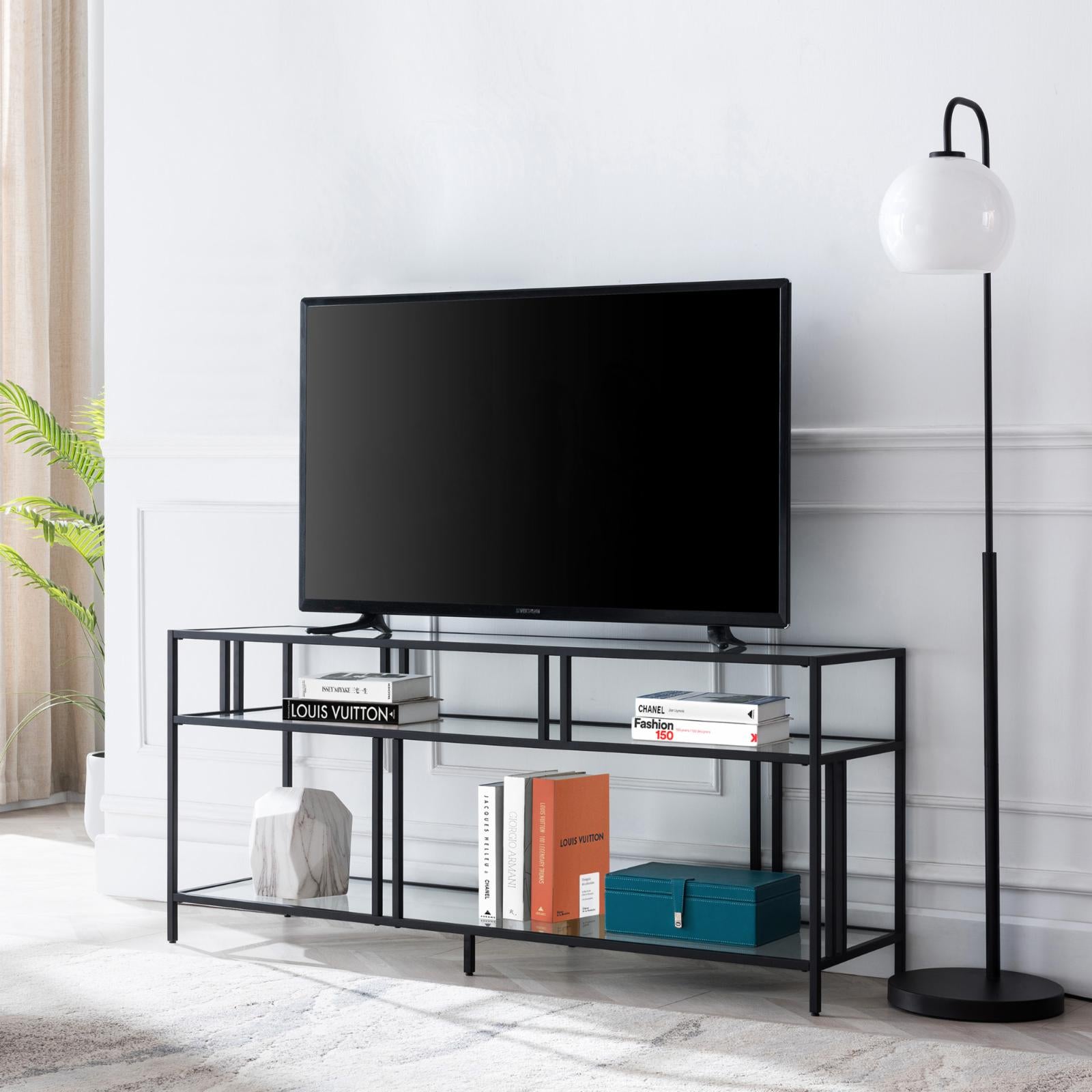 Evelyn&Zoe Industrial Metal TV Stand with Glass Shelves for TVs up to 60