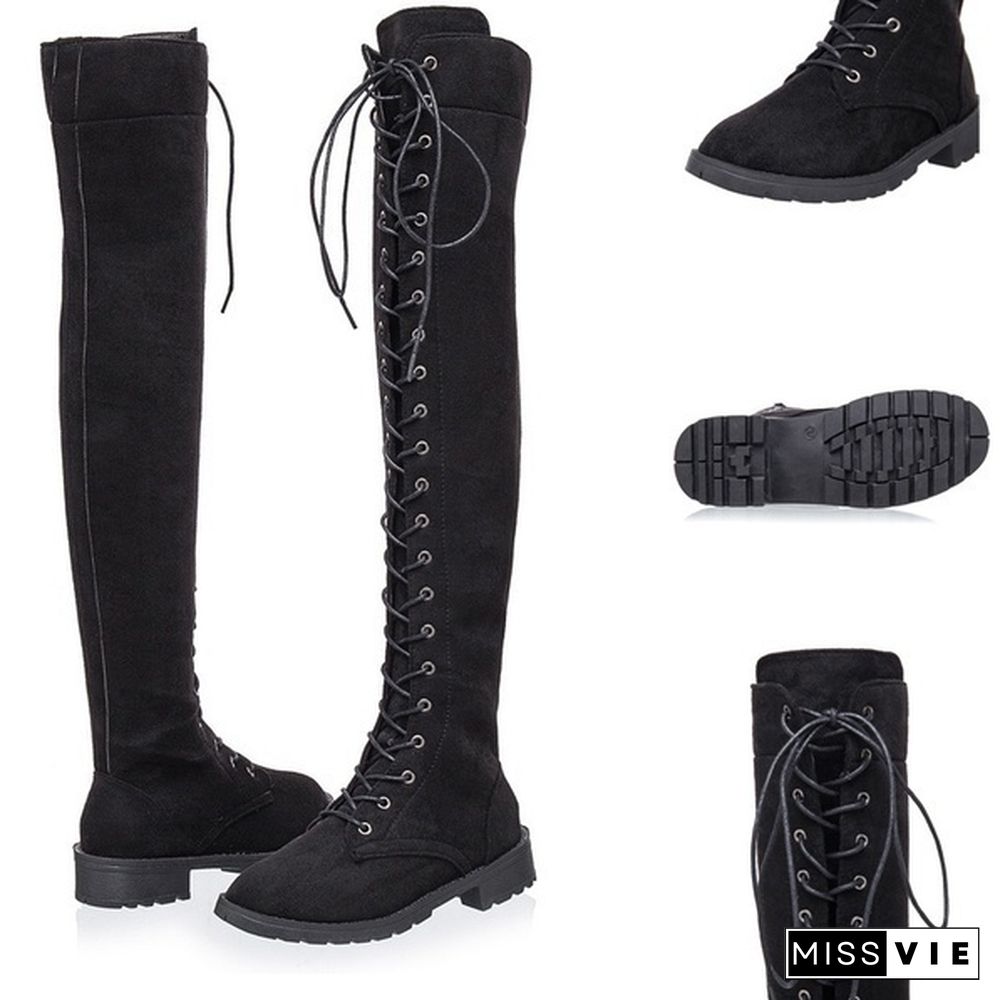 Fashion Women's Round Head Crossed Knee Length Belt Side Zipper Boots Size 35-43