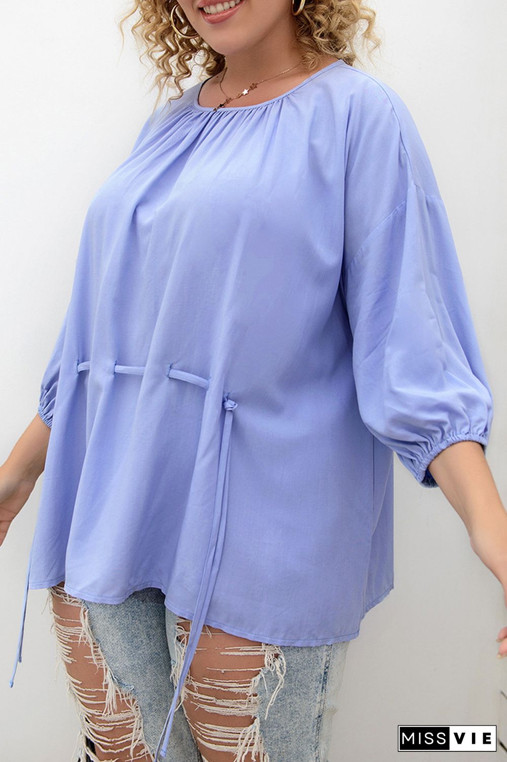 Plus Size Drawstring Pleat O-neck Blouse Top Women Wholesale