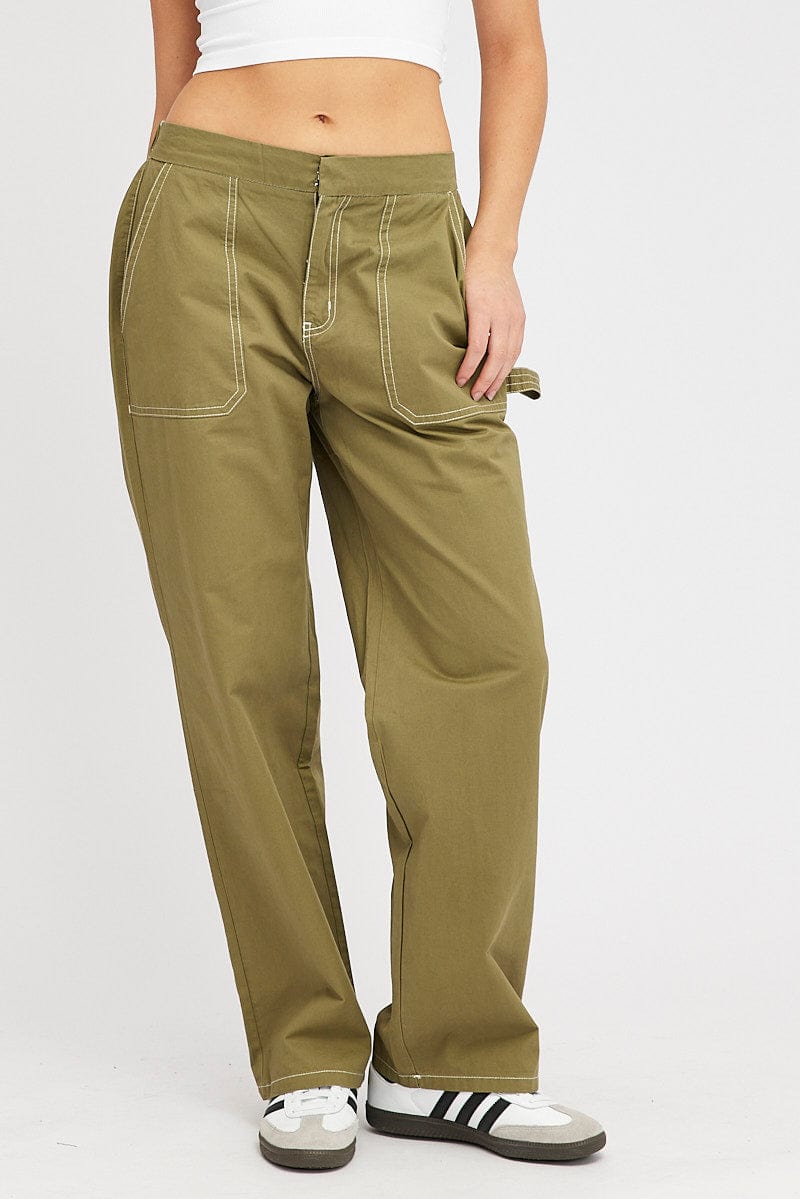 Green Cargo Pants Mid Rise Contrast Stitch