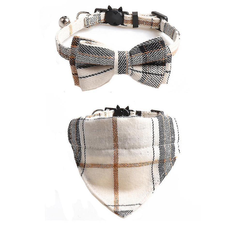 Plaid Dog Collar With Bow， Best Pet Gift For Small Medium Large Boy Male Dogs， Beige and Brown