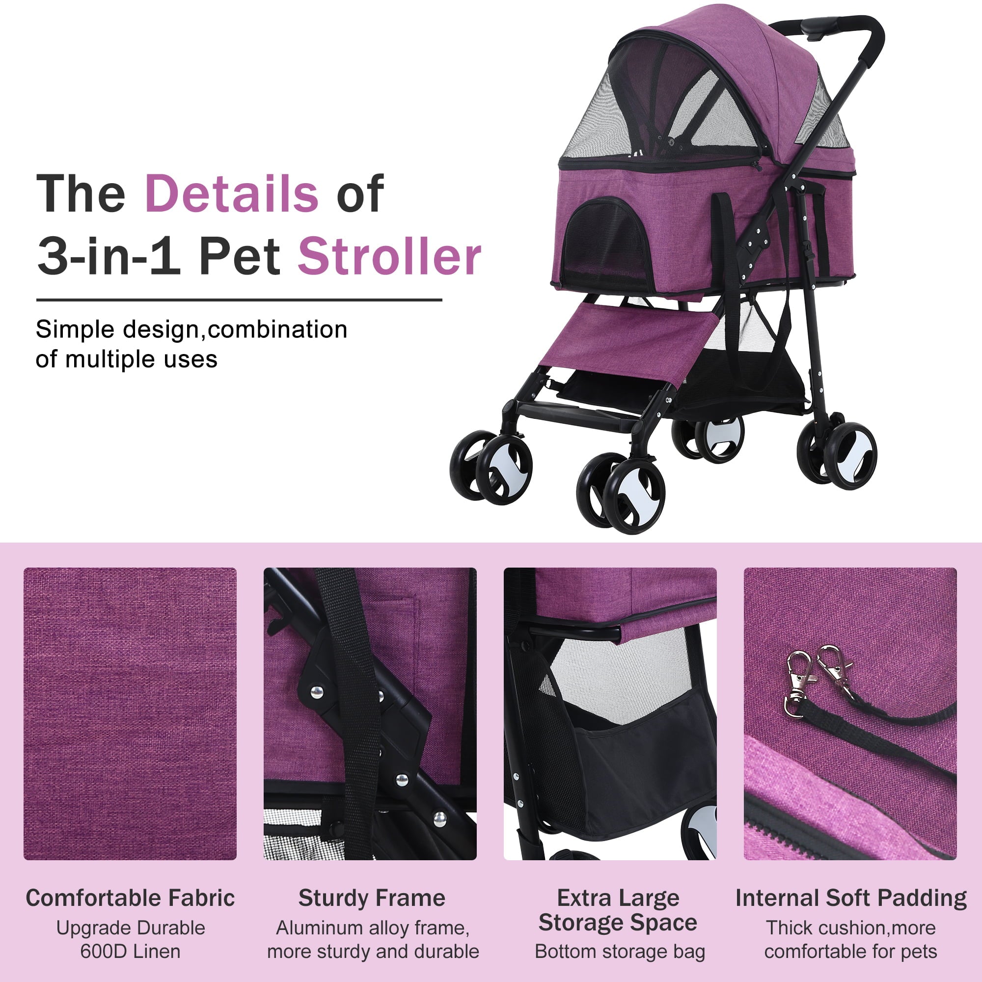 Folding Pet Stroller Dog Cat Stroller with Detachable Carrier Storage Basket, 3 in 1 Lightweight Waterproof Travel Stroller(Purple)