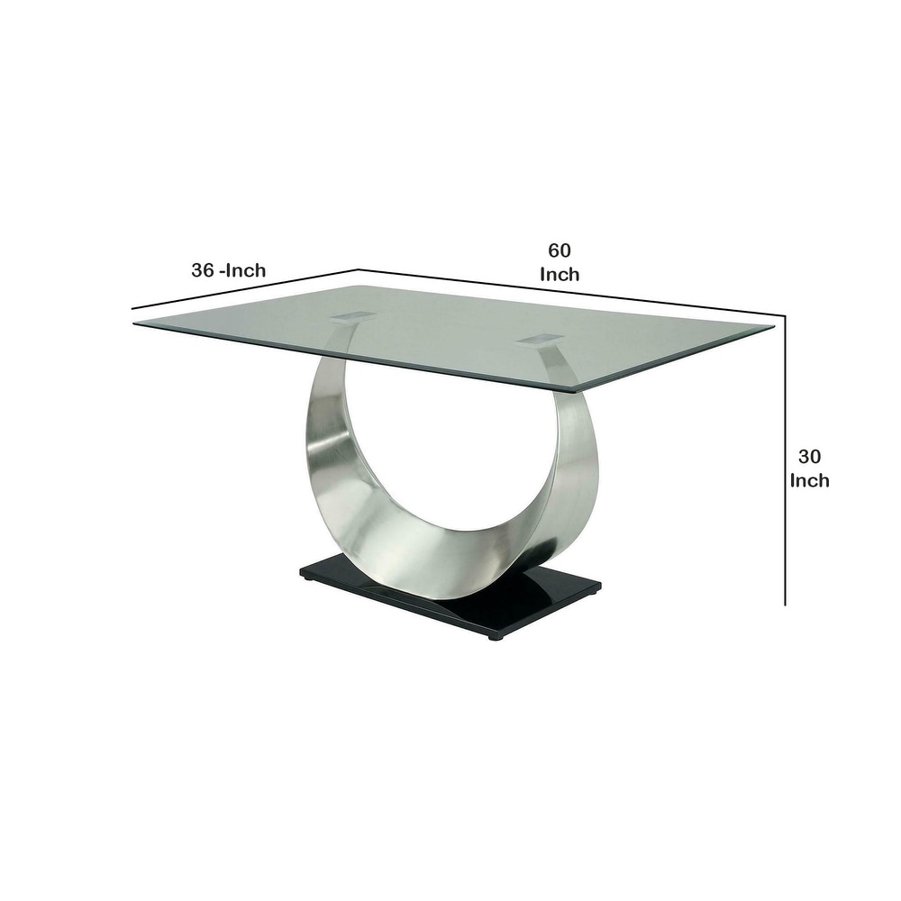 Metal and Glass Dining Table with Unique U Shape Pedestal Base  Chrome and Black