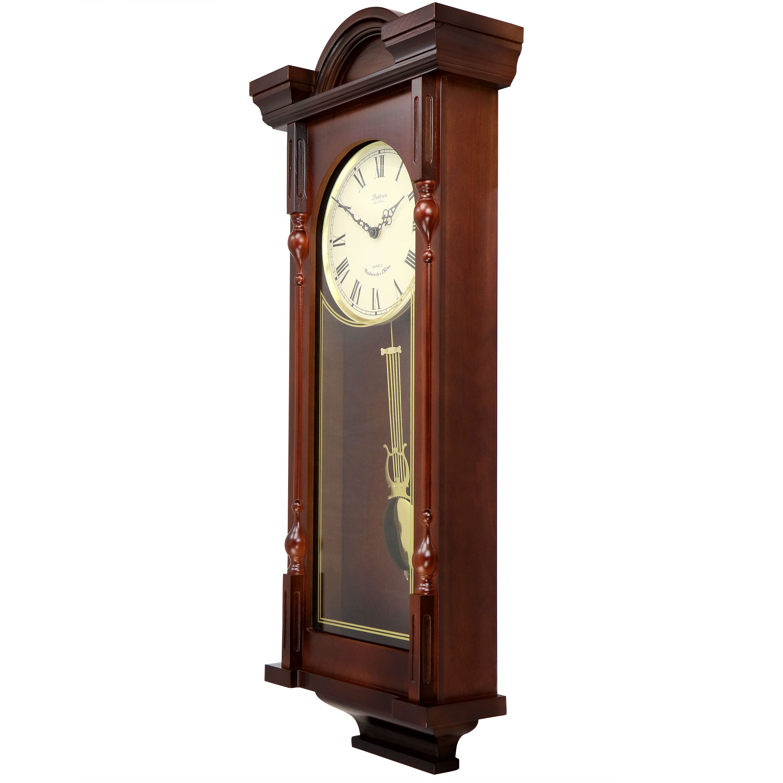 Bedford Clock Grand 31 inch Analog Chiming Pendulum Wall Clock in Mahogany Cherry