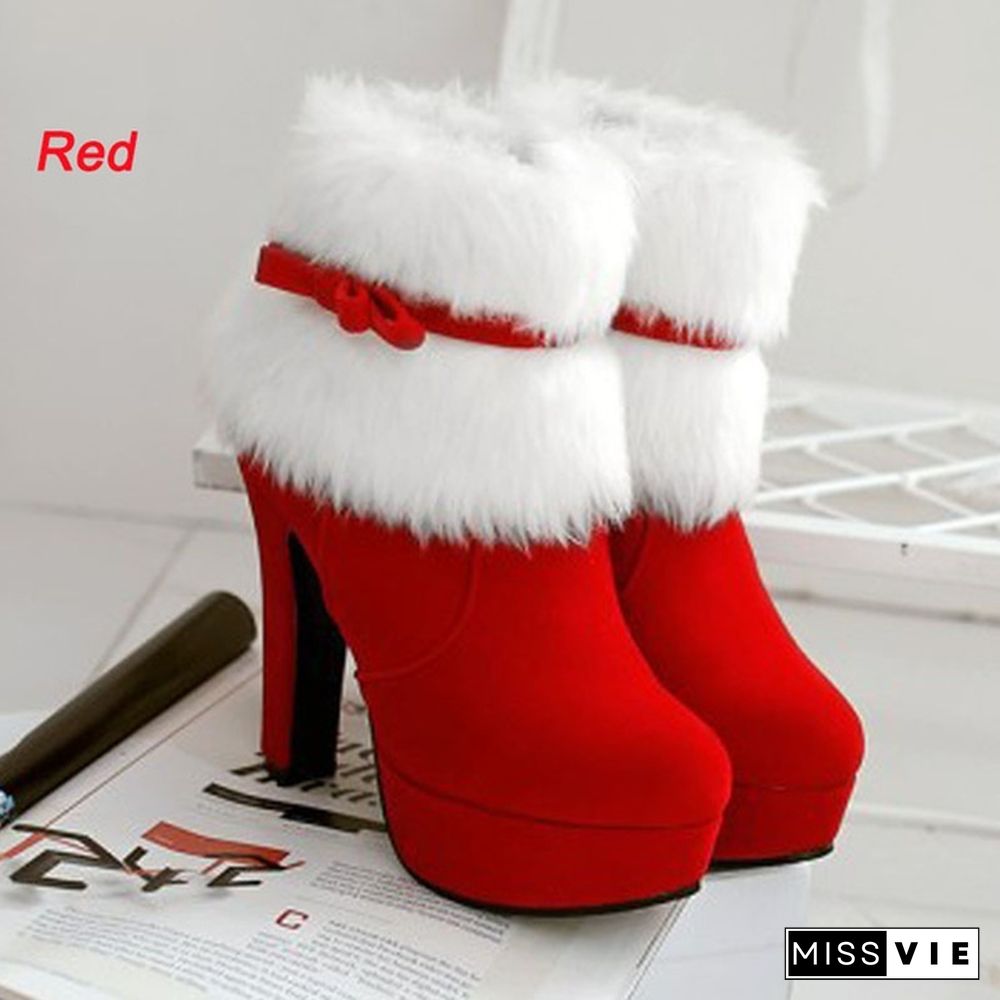 Women Casual Classic Shoes Christmas Boots Black Ankle Boots Faux Fur Party Boots Red Wedding Boots Heels Boots