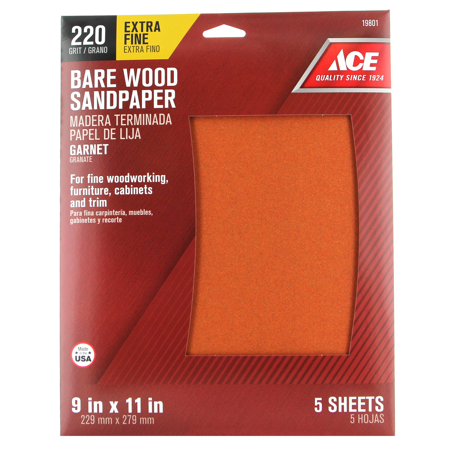 Ace 11 in. L X 9 in. W 220 Grit Aluminum Oxide Sandpaper 5 pk