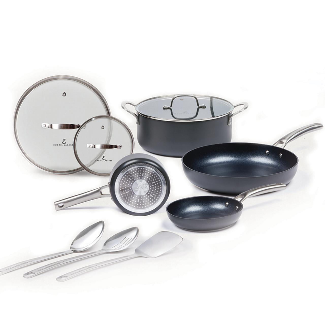 Emeril Lagasse Forever Pans， 10 Piece Cookware Set with Lids and Utensils， Hard Anodized Nonstick Pans， Black， Dishwasher Safe， Oven Safe