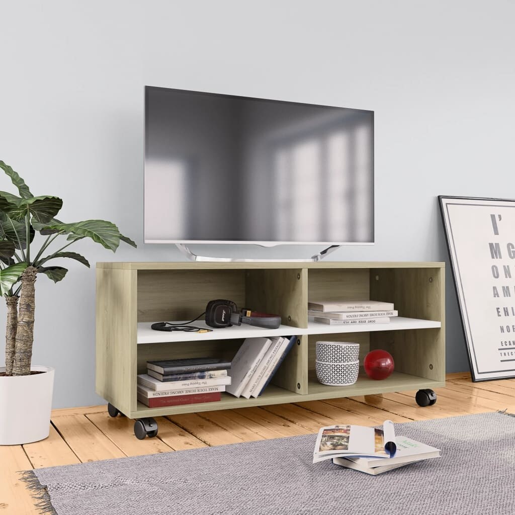 TV Cabinet with Castors White and Sonoma Oak 35.4