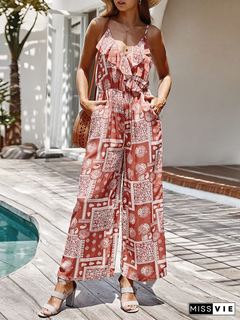 Summer Sling Jumpsuit Women's Fashion Loose Cotton Wide-leg Pants Casual Holiday Wear Overalls For Women Jump Suits For Women