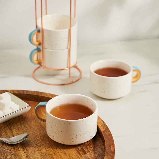 Pinky Up Arc Mugs Stacking Speckled Ceramic Coffee Cups With Cute Rainbow Handles And Rose Gold Metal Stand 10 Oz Set Of 4 Beige