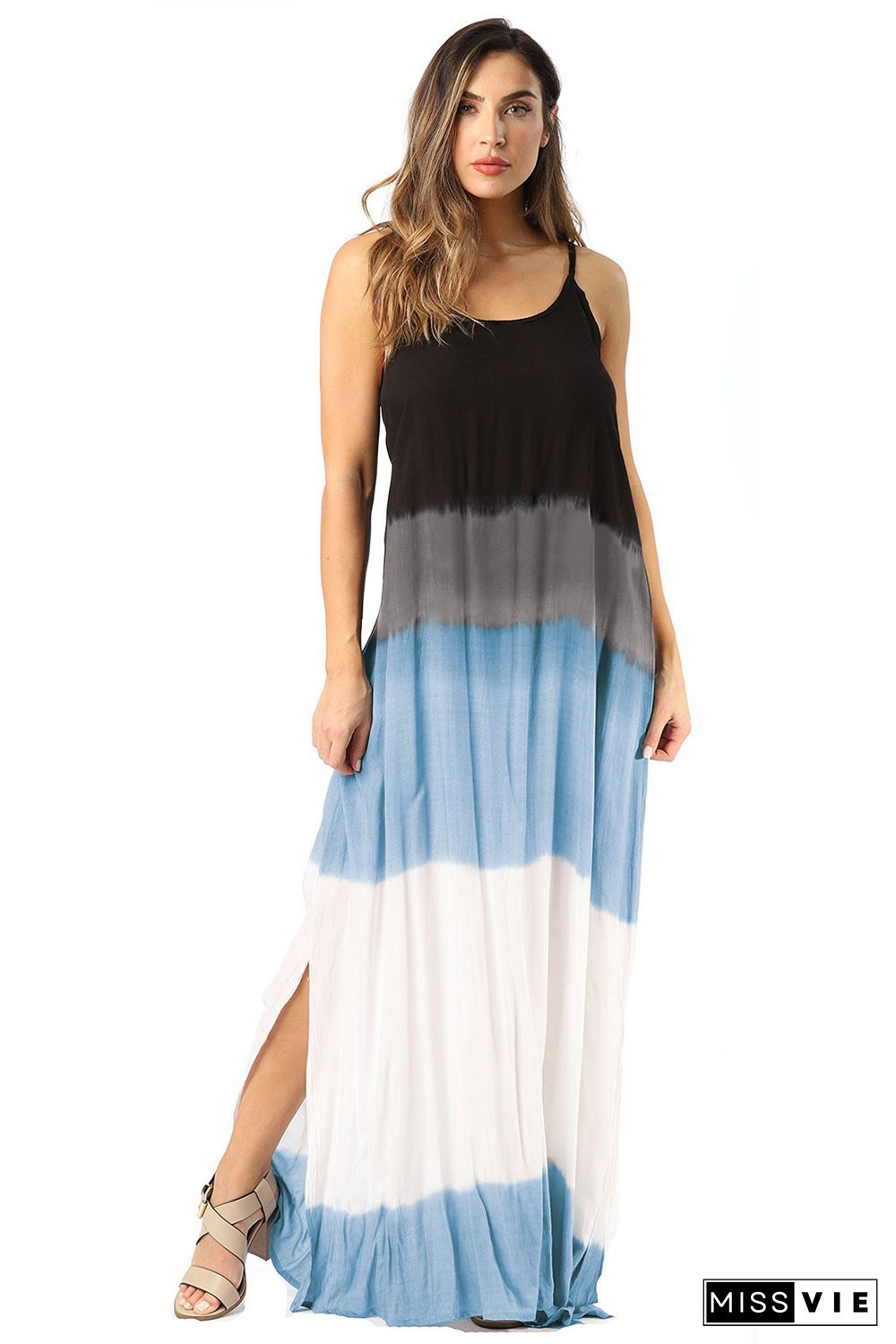 Sky Blue Spaghetti Strap Tie Dye Slit Maxi Dress