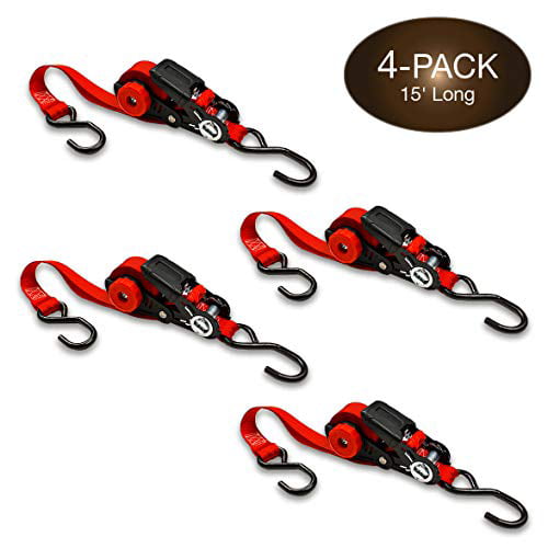 Self-Storing NeatStrap Ratchet Strap 1 in x 15 ft | 4 Pack | Motorcycle, Kayak Ratcheting Strap Tie-Downs for Neat Hauling and Storing | Tie Down Cargo Securely in Pickup Bed, Moving Truck,