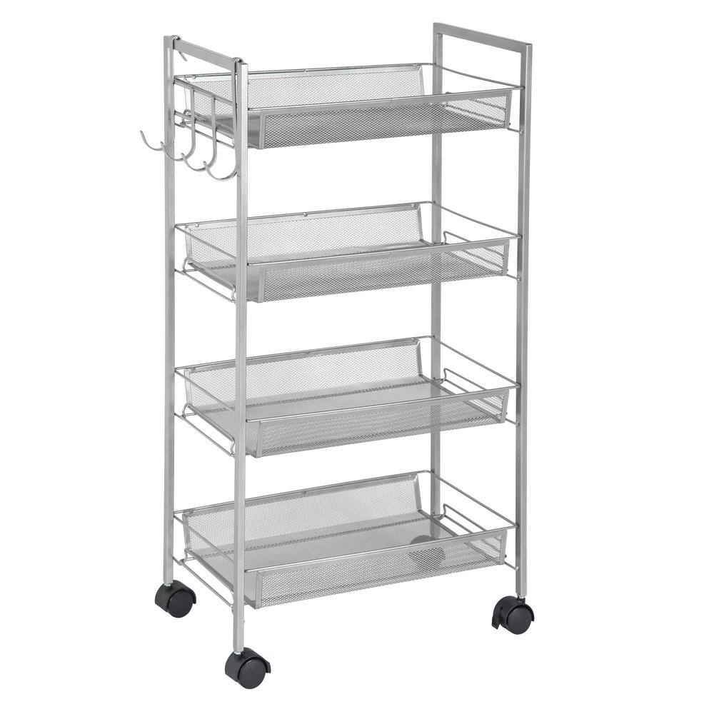 Greenway 4-Tier Steel 4-Wheeled Mobile Storage Cart with Side Hooks in Silver GSR4800GRC