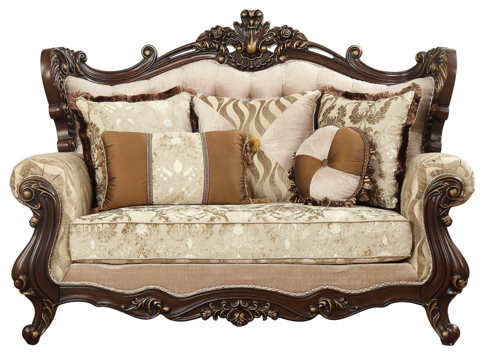 41 quotX 70 quotX 51 quotFabric Walnut Upholstery Wood Legtrim Loveseat W5 Pillows   Victorian   Loveseats   by HomeRoots  Houzz