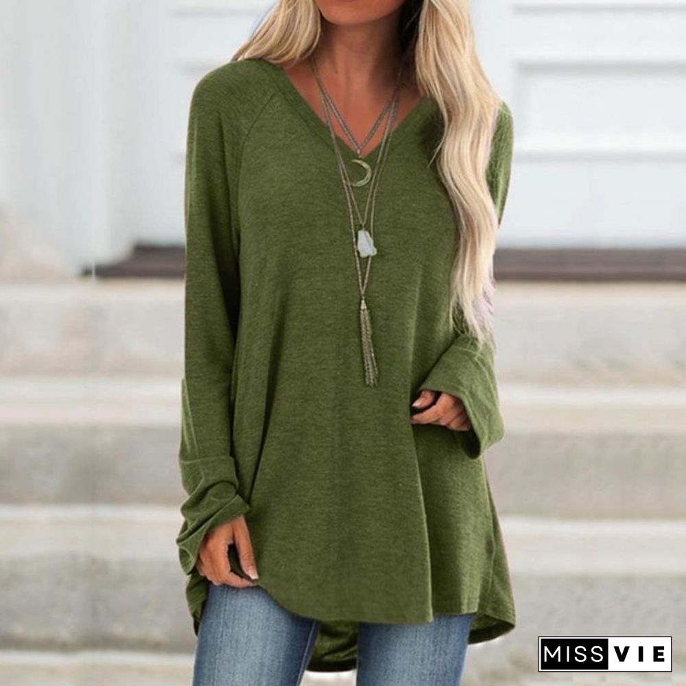 Women's Plain Long Sleeves Loose T-shirt Solid Color V Neck Pullover Tops Autumn Spring Fashion T-shirt Casual Tee