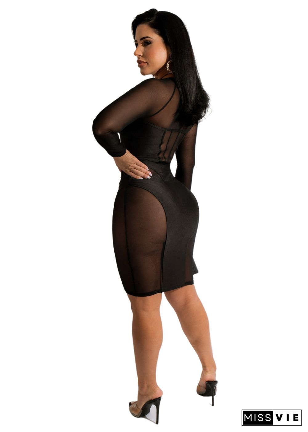 Mesh Patchwork Long Sleeve Bodycon Party Club Dress