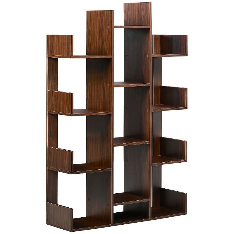 HOMCOM Tree Bookshelf， Modern Freestanding Bookcase with 13 Open Shelves， Display Unit for Living Room， Study， or Office， Brown