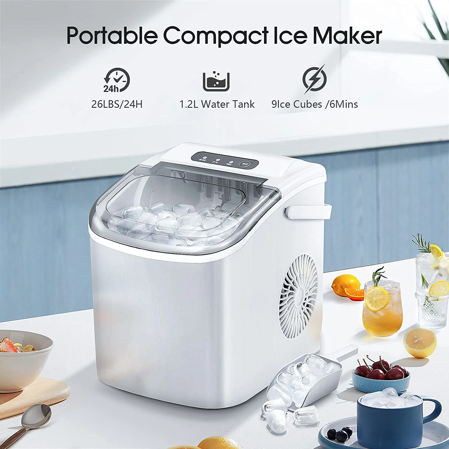 Ice Makers Countertop,Protable Ice Maker Machine with Handle,Self-Cleaning Ice Maker, 26Lbs/24H, 9 Ice Cubes Ready in 8 Mins, for Home/Office/Kitchen