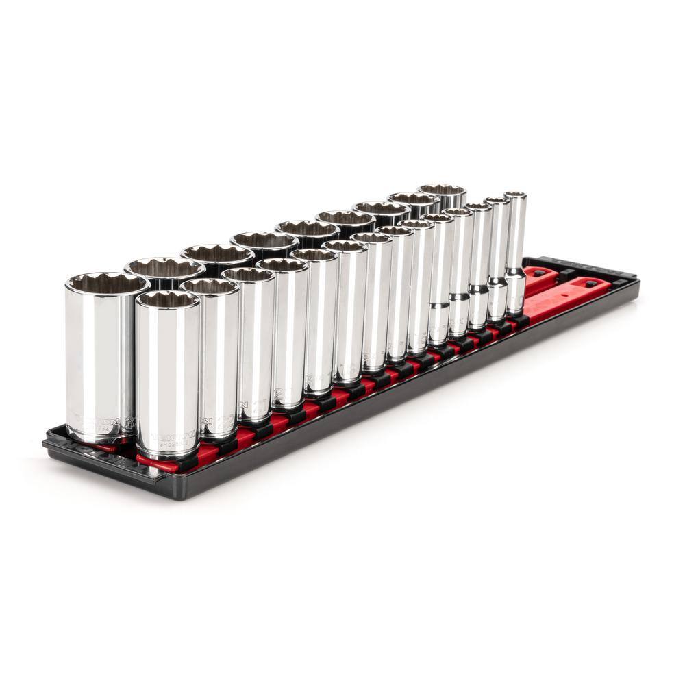 TEKTON 12 in. Drive Deep 12-Point Socket Set with Rails (10 mm-32 mm) (23-Piece) SHD92121