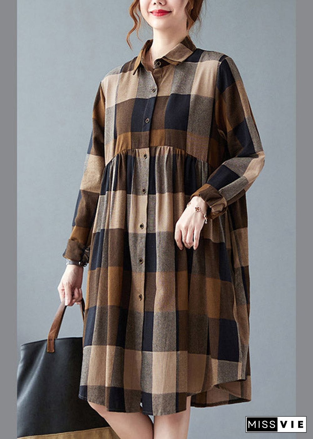 Fashion Peter Pan Collar Button Wrinkled Long Plaid Shirts Dress Long Sleeve