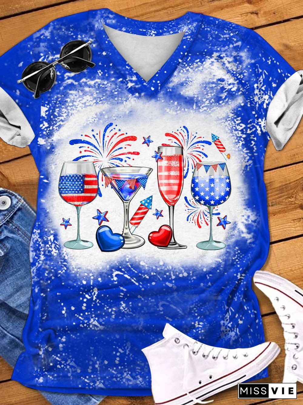 4th Of July Wine Glasses Print V-Neck T-Shirt