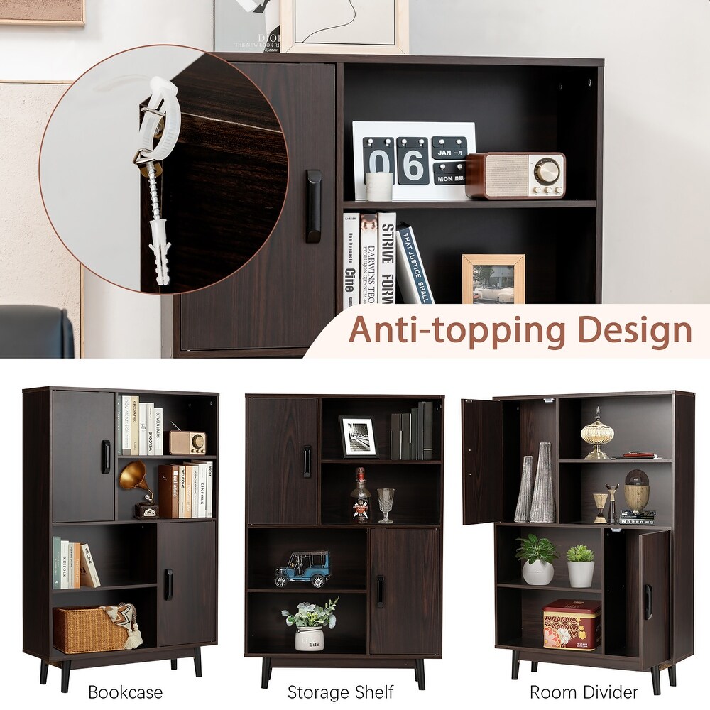 4 Tier Bookshelf Storage Cabinet Floor Cabinet with Doors Shelves