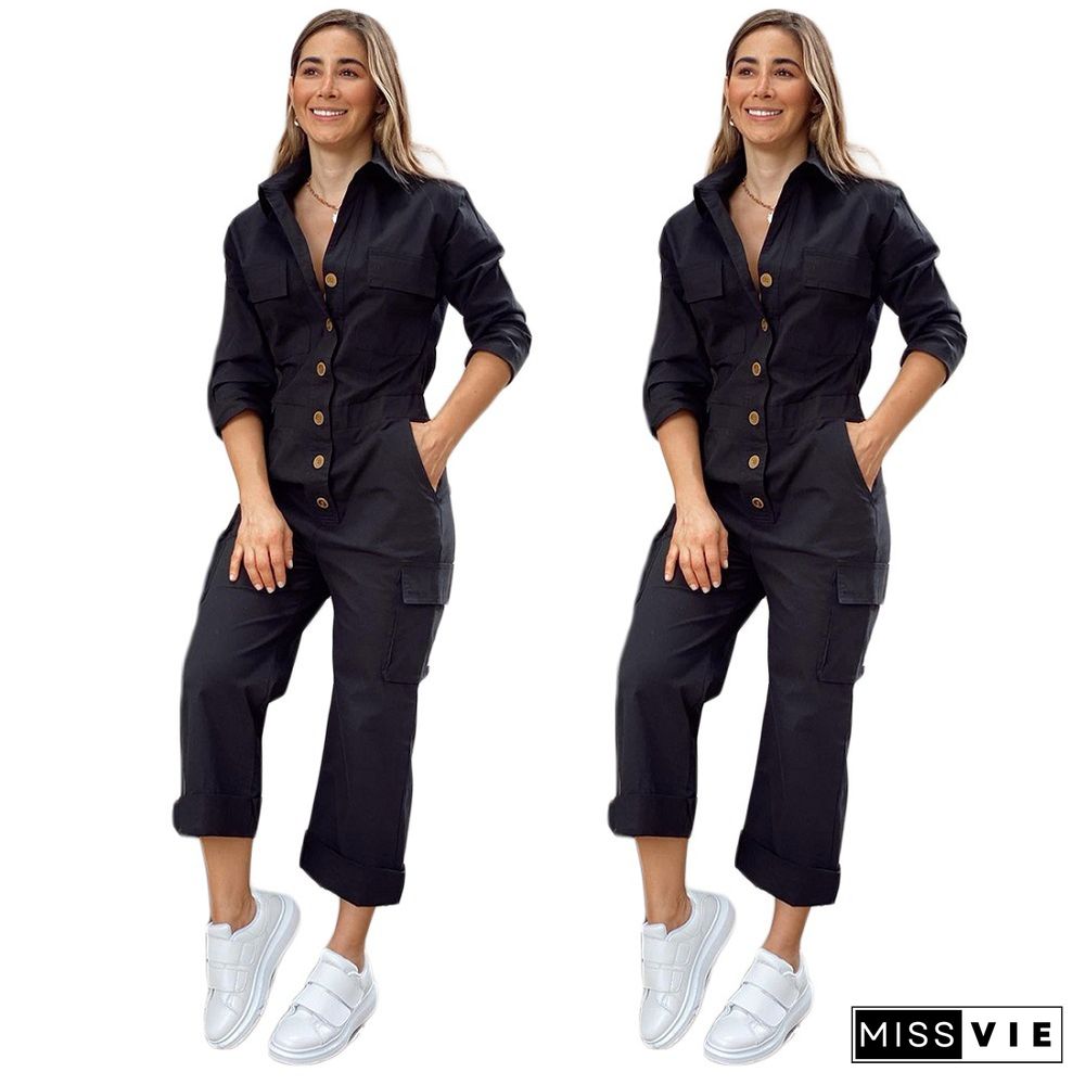 Black Loose Buttons Cargo Long Jumpsuits