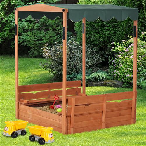 JOYMOR Kids Wooden Sandbox with Canopy Cover Outdoor Sandbox with Built in Bench Seat 47x47 inch Cedar Sandbox Play Station with Liner for Backyard, Home and Lawn UV-Resistant