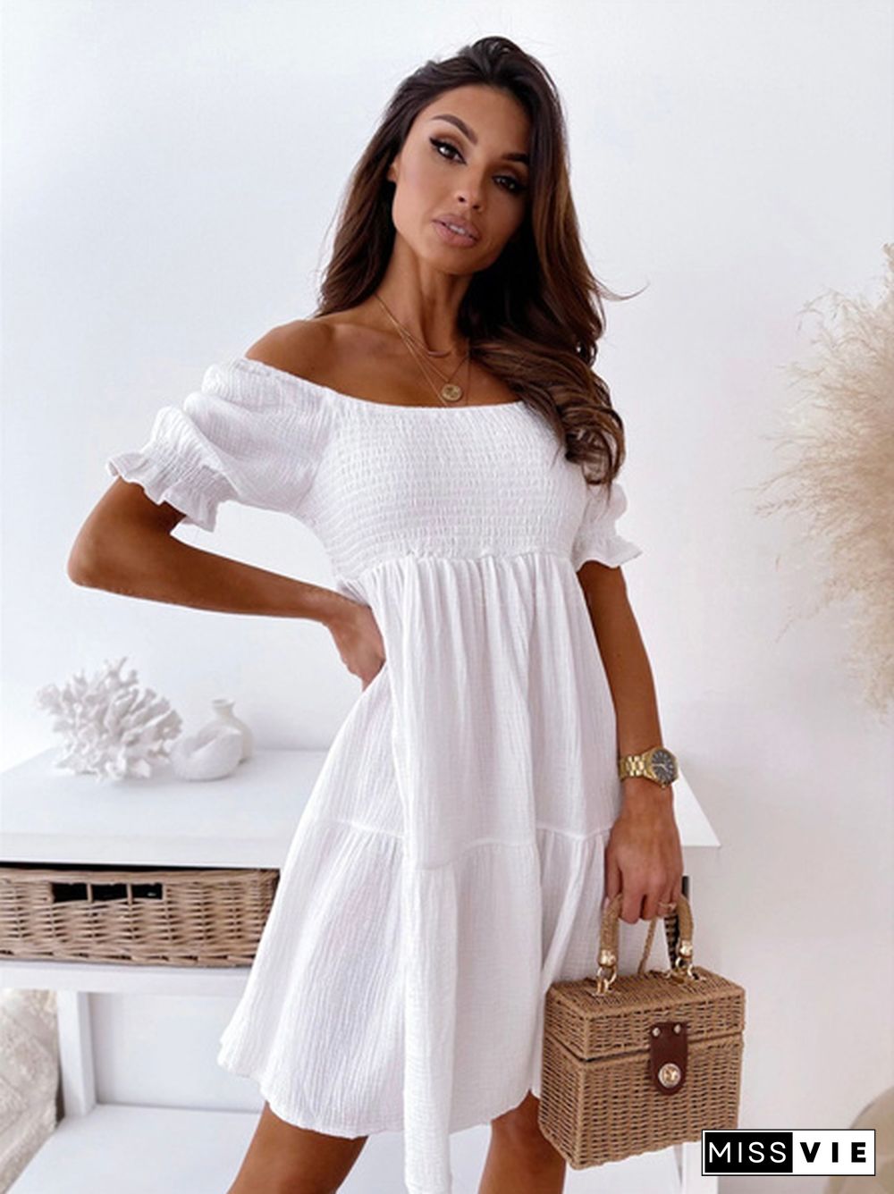 Women Summer Casual Dress Slash Collar Off Shoulder Short Sleeve Beach Dress Plus Size Mini Dress