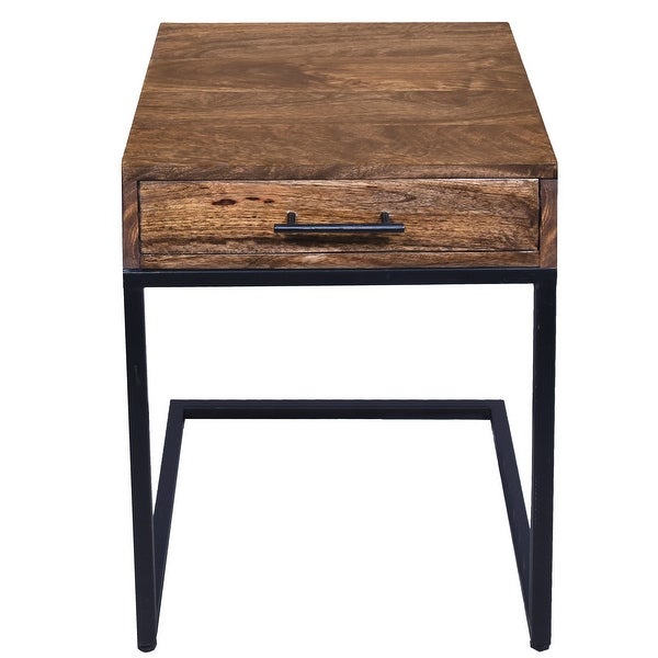 Mango Wood Side Table with Drawer and Cantilever Iron Base， Brown and Black