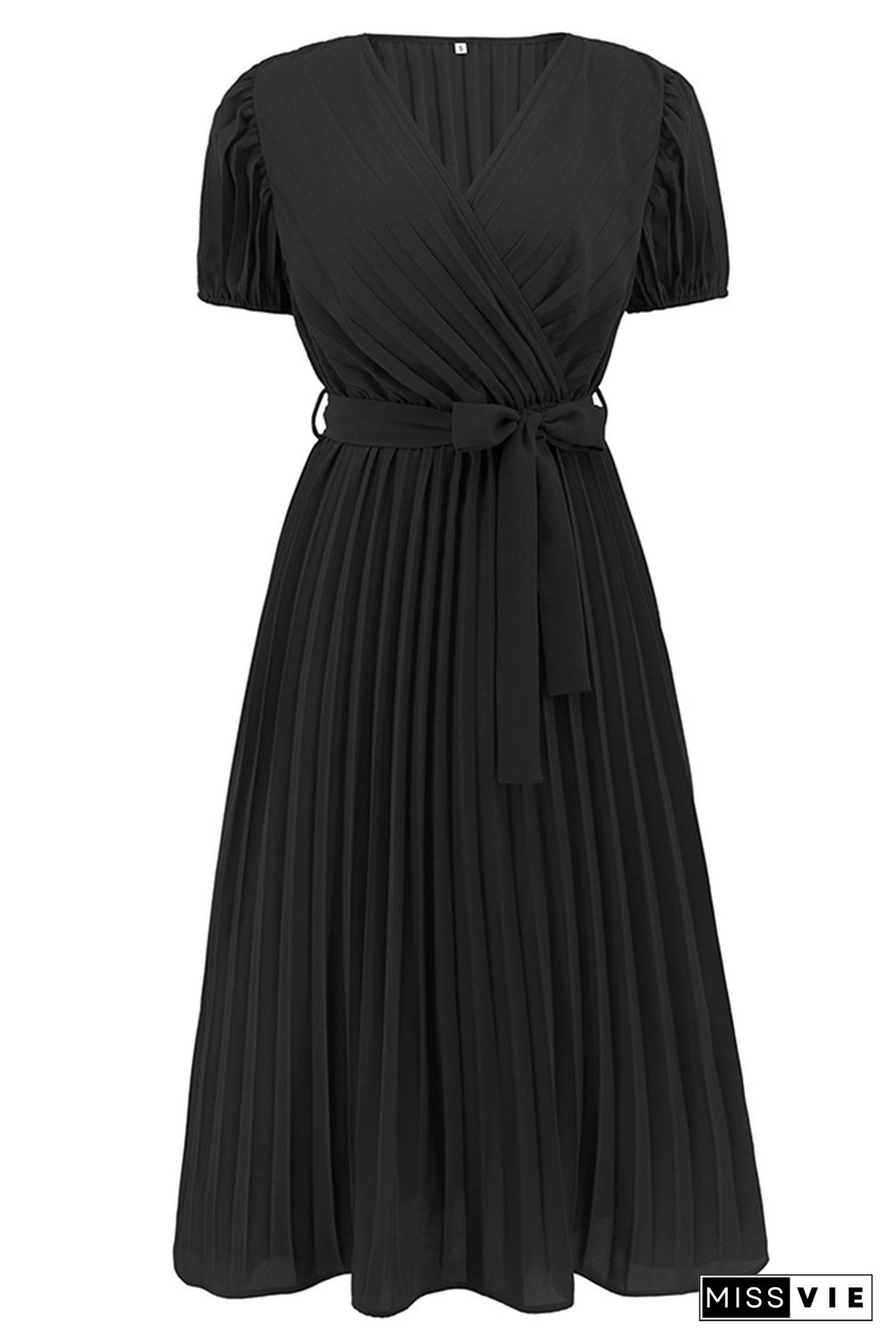 Plain Wrap V Neck Pleated Midi Dress With Sash