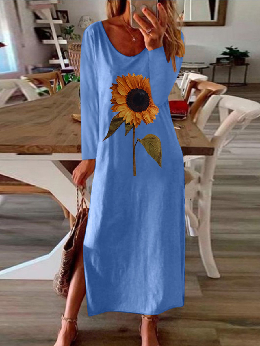 Sunflower Plant Printed Side Slit Long Sleeve Maxi Dress