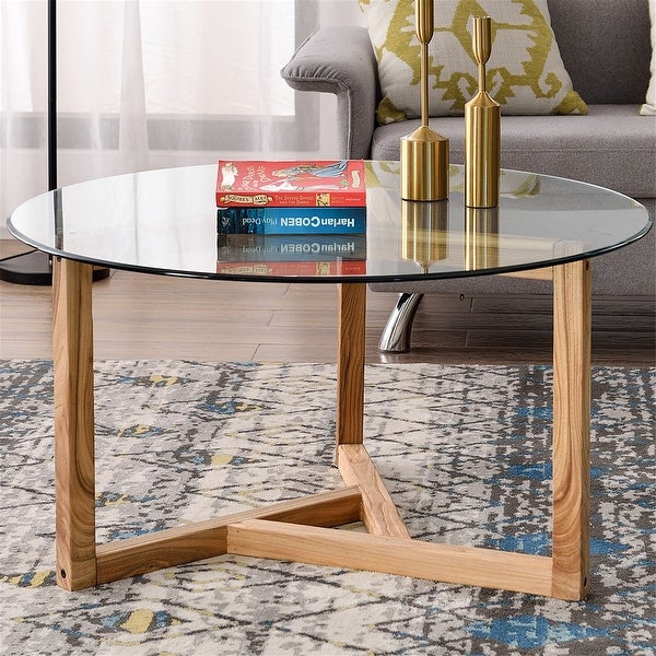 Round Coffee Table Modern Center Table with Tempered Glass Top Sofa Table with Sturdy Wood Base End Table for Living Room